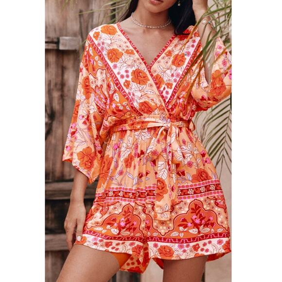 Cupshe Pants - New CUPSHE Red Multi Floral V-Neck 3/4 Sleeve Belted Playsuit Romper Size S